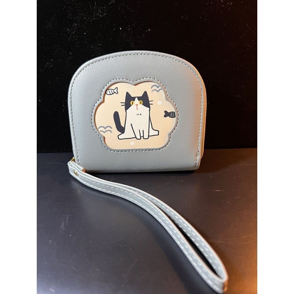 Cute Black Tuxedo Cat small Zip Blue Wallet‎ Bag NWT